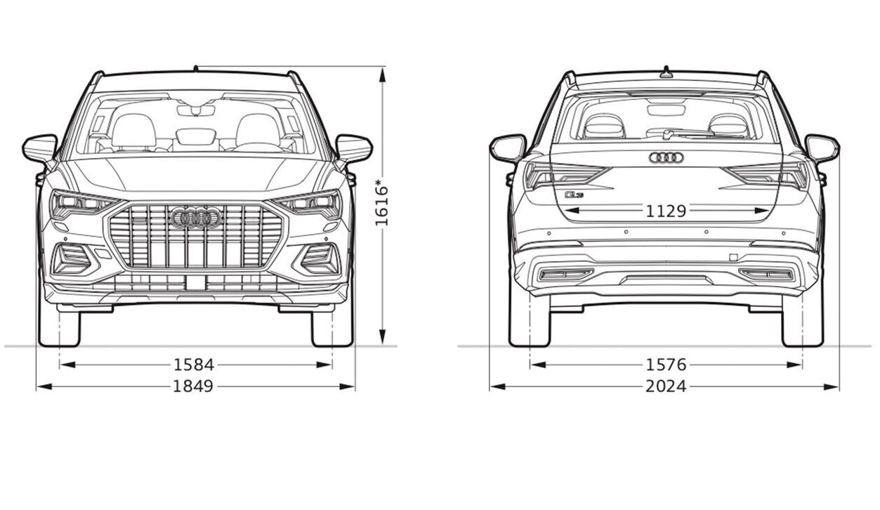 Audi Q3 Abmessungen Front und Rückansicht