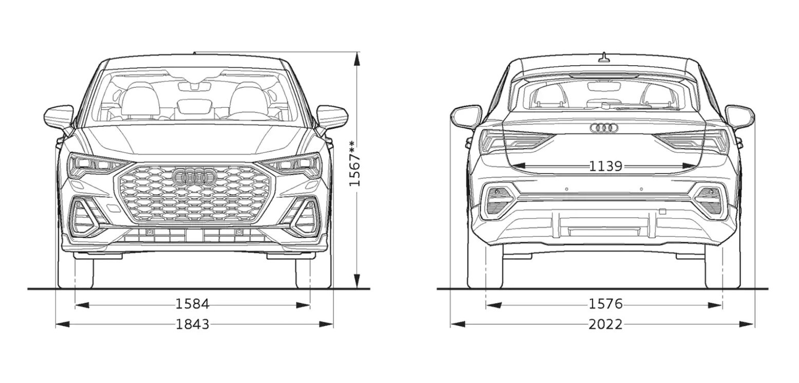 Audi Q3 Sportback Maße in der Vorder und Rückansicht