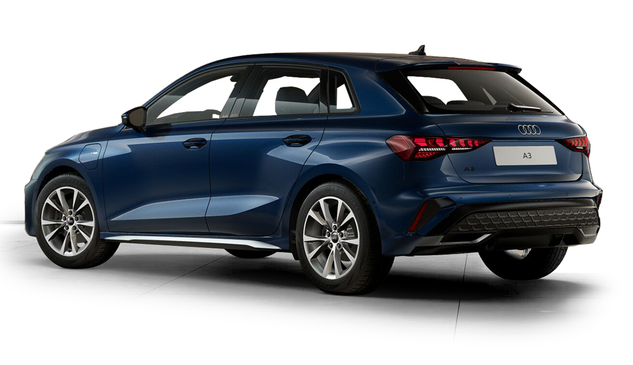 Audi A3 Sportback Freisteller in Ascariblau Metallic Heckansicht