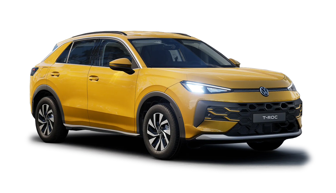 Volkswagen T-Roc Life in Kurkumagelb Metallic – Frontansicht mit markanter LED-Lichtsignatur.