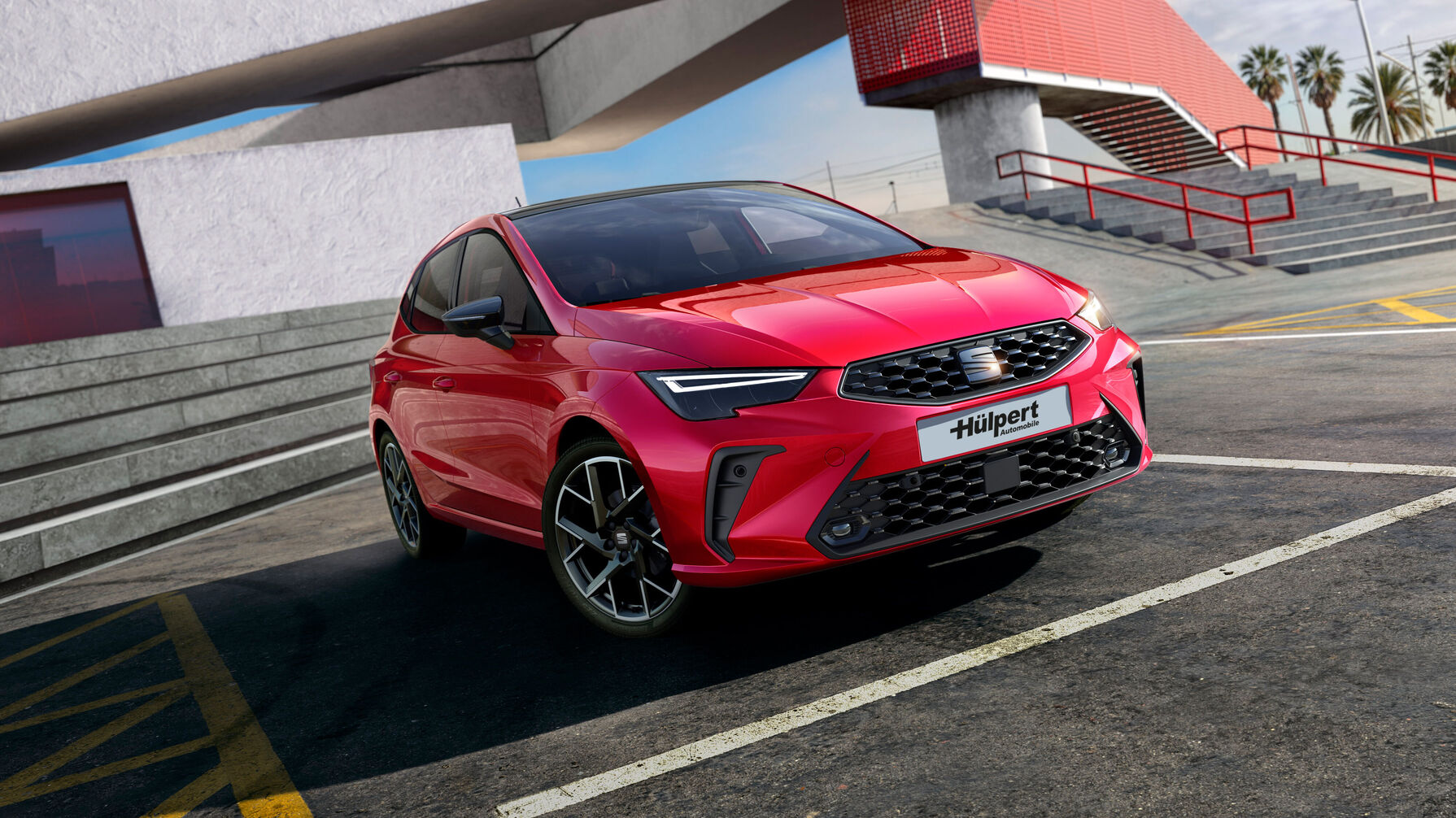 SEAT Ibiza Gebrauchtwagen mit sportlicher Front und dynamischem Auftritt im urbanen Umfeld.