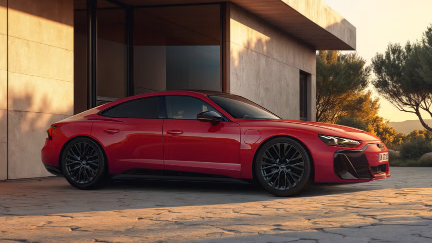 Der Audi e-tron GT überzeugt mit flacher Coupé-Form, scharf gezeichneten LED-Scheinwerfern und eleganter, vollelektrischer Sportlichkeit.