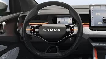 Fahrerperspektive auf Lenkrad und digitales Display – strukturierter Innenraum mit klar ablesbaren angaben im Cockpit.