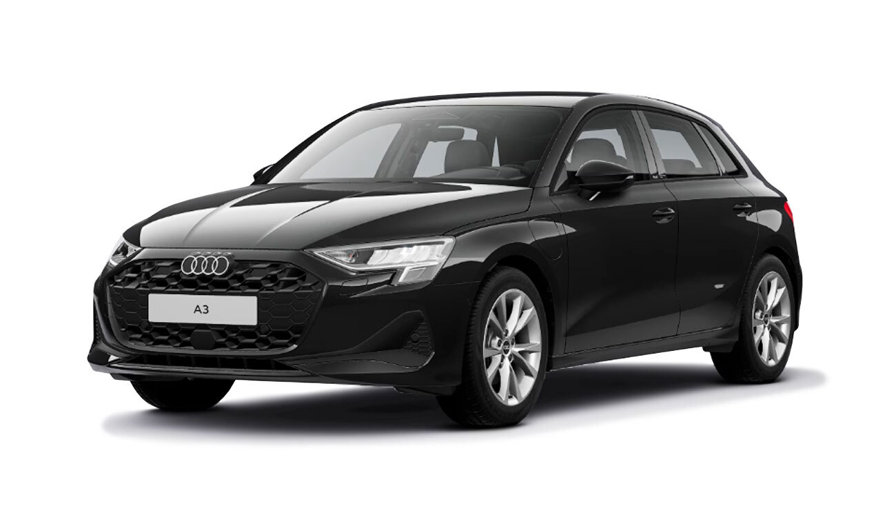 Audi A3 Sportback Hybrid Freisteller in Brilliantschwarz Frontansicht
