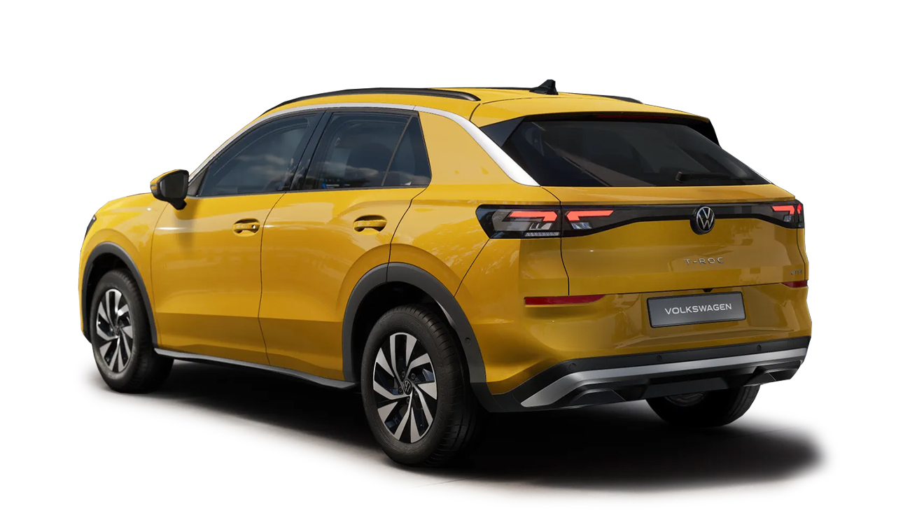 Volkswagen T-Roc Life in Kurkumagelb Metallic – Heckansicht mit LED-Rückleuchten.