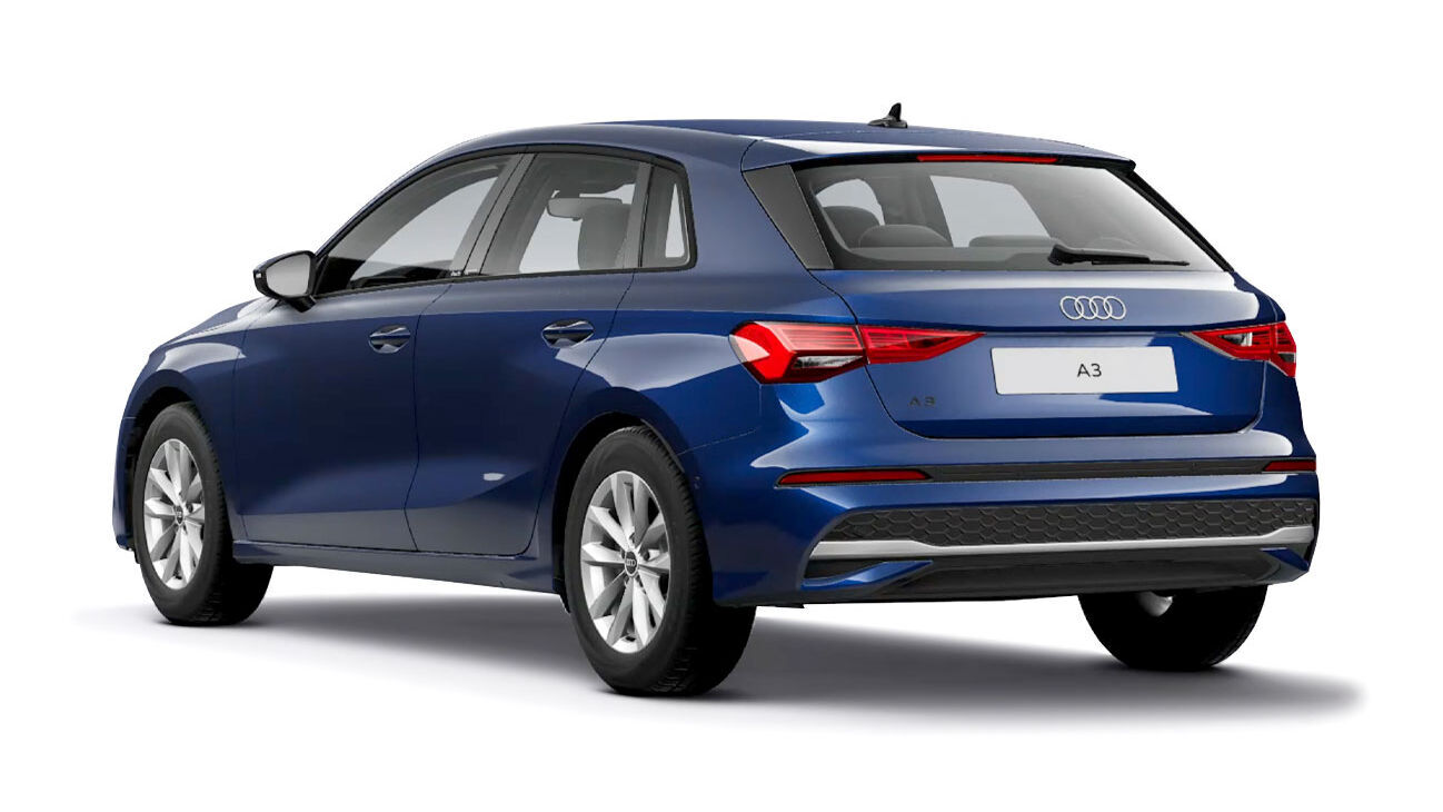 Audi A3 Sportback Freisteller in Navarrablau Metallic Heckansicht