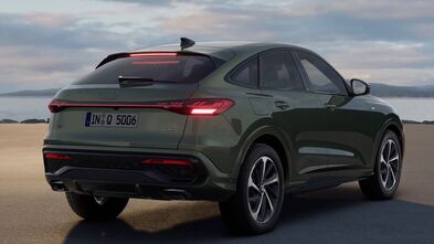 Audi Q5 Sportback Heck in Distriktgrün Metallic mit Allradantrieb steht am Wasser, zeigt die durchgehende LED-Heckleiste, dynamische Blinker und den sportlichen Diffusor mit Doppelendrohren.