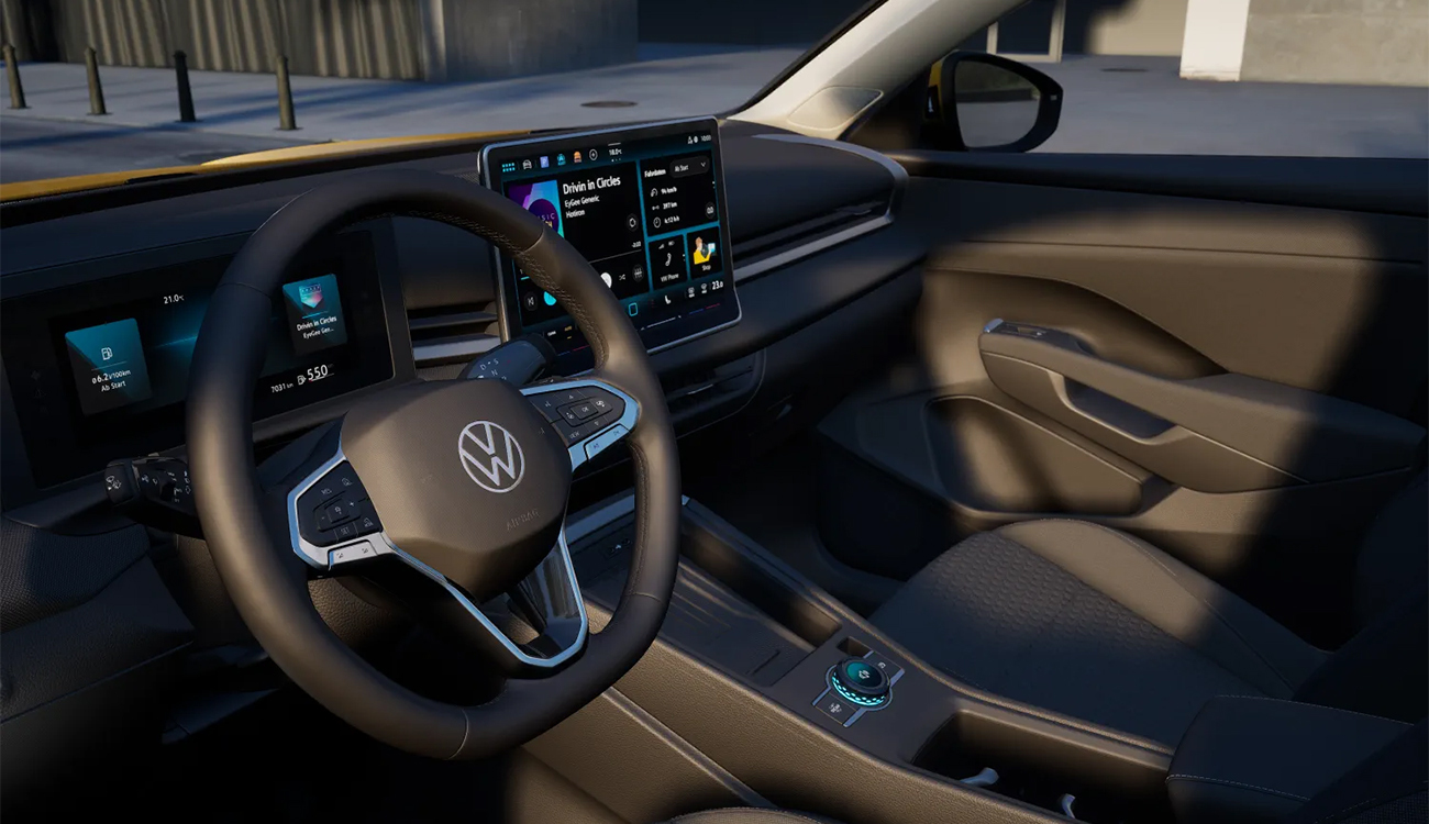 Moderner Innenraum des Volkswagen T-Roc Life – digitales Cockpit und Infotainment-System.