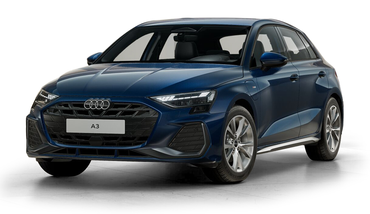 Audi A3 Sportback Freisteller in Ascariblau Metallic Frontansicht