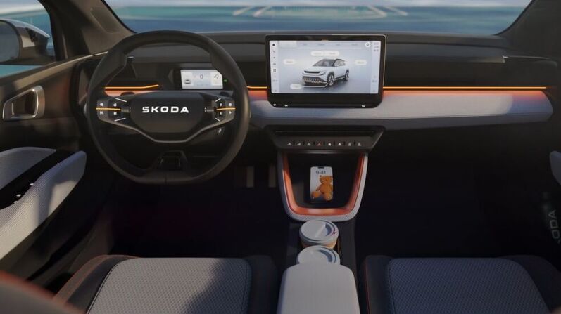 Skoda Epiq Innenraum mit großem Zentraldisplay,  moderne Anzeige von leistung und Batteriestatus des akku sowie sofort abrufbares drehmoment im digitalen Interface.