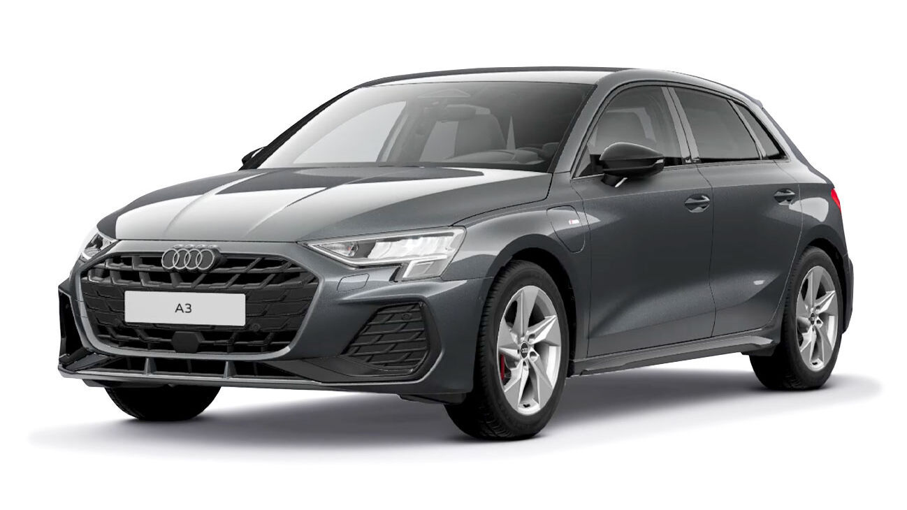 Audi A3 Sportback Hybrid Freisteller in Daytonagrau Perleffekt Frontansicht