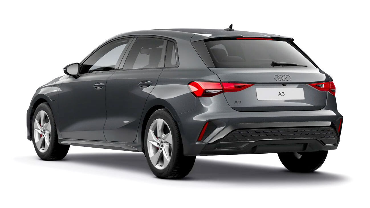 Audi A3 Sportback Hybrid Freisteller in Daytonagrau Perleffekt Heckansicht