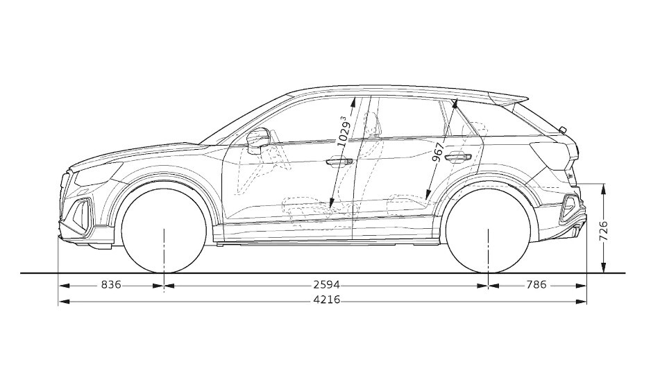 Audi SQ2 Abmessungen in der Seitenansicht